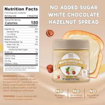ChocZero Keto White Chocolate Hazelnut Spread - Keto Friendly, No Sugar Added, Best Low Carb Dessert...
