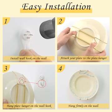 3 Pieces Plate Hangers for Wall, 6/8/10 Inch Plate Hangers, Stainless Steel Invisible Wire Heavy Duty Plate Holder with 3 Pack Wall Hooks, For 5 to 10.5 Inch Decorative Antique Plates Arts