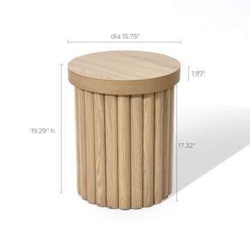 LuxenHome Wood Round Side Table, 19" Fluted Small End Table for Small Spaces, Mid Century Modern Woo...