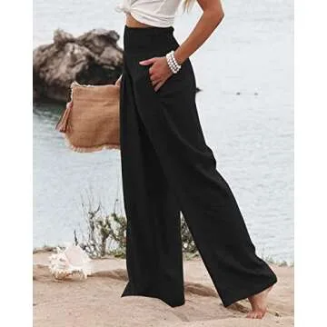 Vansha Women Summer High Waisted Cotton Linen Palazzo Pants Wide Leg Long Lounge Pant Trousers with Pocket Black L