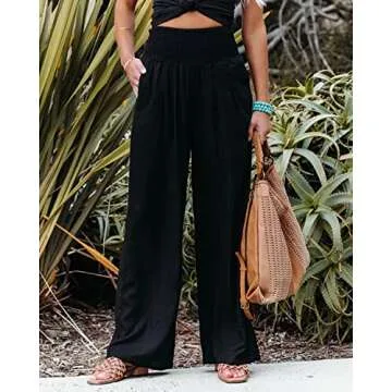 Vansha Women Summer High Waisted Cotton Linen Palazzo Pants Wide Leg Long Lounge Pant Trousers with Pocket Black L
