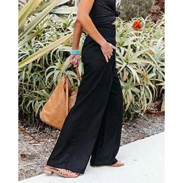 Vansha Women Summer High Waisted Cotton Linen Palazzo Pants Wide Leg Long Lounge Pant Trousers with Pocket Black L