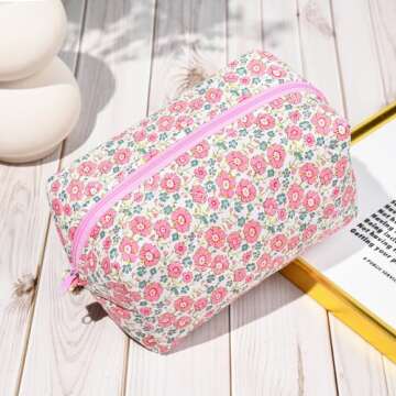SOIDRAM Pink Makeup Bag Floral Cosmetic Bag Puffy Coquette Makeup pouch Aesthetic Cute Quilted Trave...