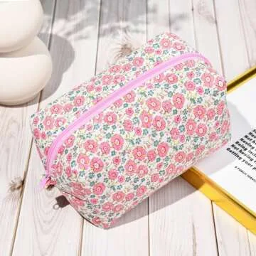 SOIDRAM Pink Makeup Bag Floral Cosmetic Bag Puffy Coquette Makeup pouch Aesthetic Cute Quilted Trave...