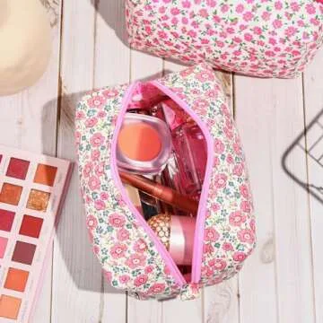 SOIDRAM Pink Makeup Bag Floral Cosmetic Bag Puffy Coquette Makeup pouch Aesthetic Cute Quilted Travel Toiletry Bag Organizer cotton Makeup Brushes Storage Bag for Women