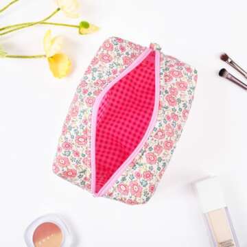 SOIDRAM Pink Makeup Bag Floral Cosmetic Bag Puffy Coquette Makeup pouch Aesthetic Cute Quilted Travel Toiletry Bag Organizer cotton Makeup Brushes Storage Bag for Women