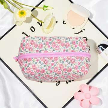 SOIDRAM Pink Makeup Bag Floral Cosmetic Bag Puffy Coquette Makeup pouch Aesthetic Cute Quilted Travel Toiletry Bag Organizer cotton Makeup Brushes Storage Bag for Women