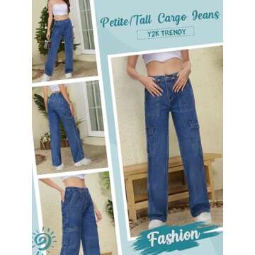 Tapata Women's 26"/28"/30"/32"/34" Cargo Jeans Straight Leg Short Petite Regular Tall Denim Y2K Pants Deep Blue, S