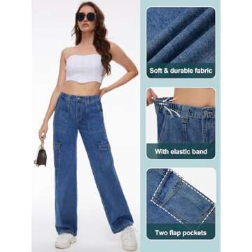 Tapata Women's 26"/28"/30"/32"/34" Cargo Jeans Straight Leg Short Petite Regular Tall Denim Y2K Pants Deep Blue, S
