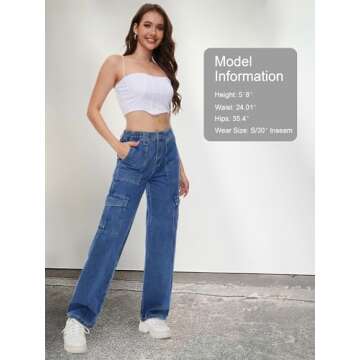 Tapata Women's 26"/28"/30"/32"/34" Cargo Jeans Straight Leg Short Petite Regular Tall Denim Y2K Pants Deep Blue, S