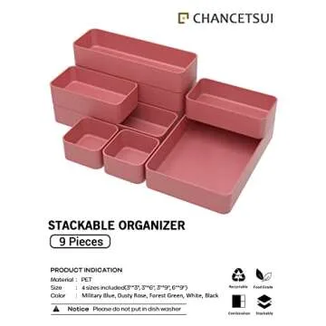 9 Pcs Stackable Drawer Organizer Trays Set, Multifunctional Stackable Storage Trays for Vanity, Bathroom, Kitchen, Desk Drawer Organizer Office. Plastic Drawer Organizers Available In 5 Colours, Rose