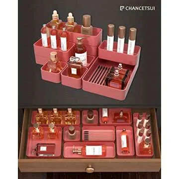 9 Pcs Stackable Drawer Organizer Trays Set, Multifunctional Stackable Storage Trays for Vanity, Bathroom, Kitchen, Desk Drawer Organizer Office. Plastic Drawer Organizers Available In 5 Colours, Rose