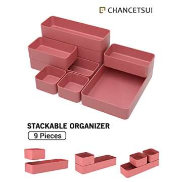9 Pcs Stackable Drawer Organizer Trays Set, Multifunctional Stackable Storage Trays for Vanity, Bathroom, Kitchen, Desk Drawer Organizer Office. Plastic Drawer Organizers Available In 5 Colours, Rose