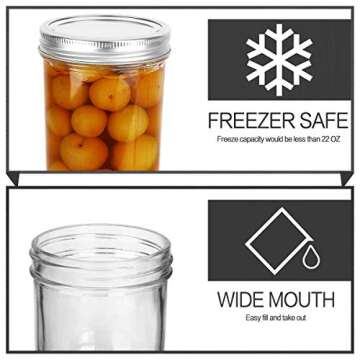 KAMOTA Wide Mouth Mason Jars 22 oz With Wide Mouth Lids and Bands, Ideal for Jam, Honey, Wedding Favors, Shower Favors, Baby Foods, 6 PACK, Extra 6 Silver Lids with Straw Hole Included…
