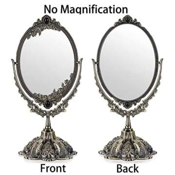 JUXYES Metal Tabletop Antique Decorative Makeup Mirror with Stand, Vintage Swivel Double Sided Cosmetic Mirror with Frame, Retro Desktop Oval Dressing Mirror for Bathroom Bedroom