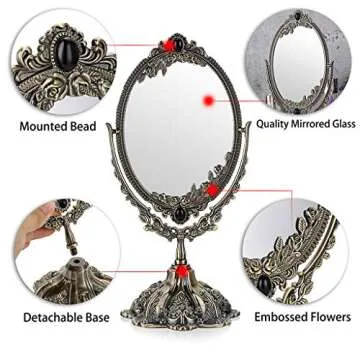 JUXYES Metal Tabletop Antique Decorative Makeup Mirror with Stand, Vintage Swivel Double Sided Cosmetic Mirror with Frame, Retro Desktop Oval Dressing Mirror for Bathroom Bedroom