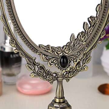JUXYES Metal Tabletop Antique Decorative Makeup Mirror with Stand, Vintage Swivel Double Sided Cosmetic Mirror with Frame, Retro Desktop Oval Dressing Mirror for Bathroom Bedroom
