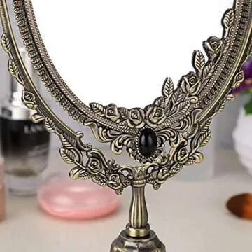 JUXYES Metal Tabletop Antique Decorative Makeup Mirror with Stand, Vintage Swivel Double Sided Cosmetic Mirror with Frame, Retro Desktop Oval Dressing Mirror for Bathroom Bedroom