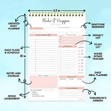 Decorably 52 Sheets Nude Pink Undated Daily Planner Notepad, 6.5x10in Spring-Bound Daily Task Notepad for Schedule, Priorities, To-Do List, Agenda, Water Intake, Meals, Notes and Doodles