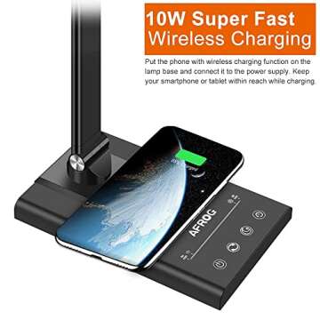 AFROG 5th Gen Multifunctional LED Desk Lamp with 10W Fast Wireless Charger, USB Charging Port,1800Lux Super Bright,5 Lighting Mode,7 Brightness, Touch Control, Auto Timer, 15W Office Table Lamp