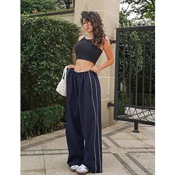 Women's Parachute Pants Cargo Trousers Elastic Waist Wide Leg Track Pants Y2k Clothing (XL,Navy Blue)