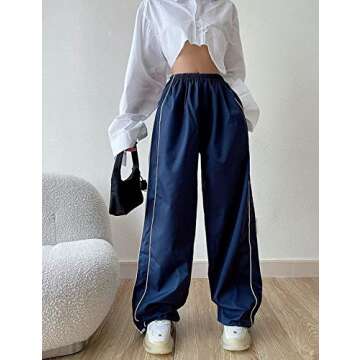 Women's Parachute Pants Cargo Trousers Elastic Waist Wide Leg Track Pants Y2k Clothing (XL,Navy Blue)