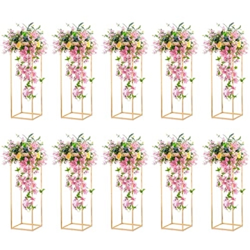 Nuptio 10 Pcs Gold Vase Metal Column Stand Road Lead Geometric Centerpiece Vase for Tables, 31½ inc...