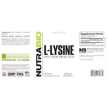 NutraBio L-Lysine (500mg) - Pure Grade Amino Acid - 500 Vegetable Capsules - Essential Amino Acid - Non-GMO - Gluten Free - Vegan