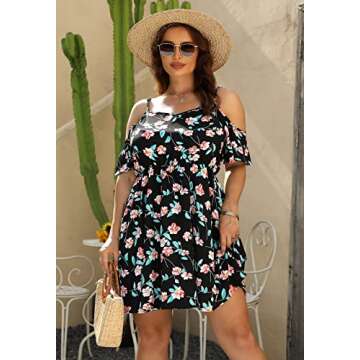 Celkuser Womens Plus Size Cold Shoulder Flounce Sleeve Summer Floral Skater Dress with Pockets(cel142,20,BlackP)