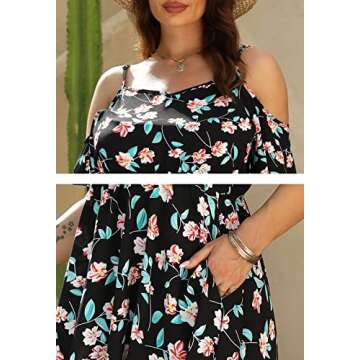 Celkuser Womens Plus Size Cold Shoulder Flounce Sleeve Summer Floral Skater Dress with Pockets(cel142,20,BlackP)