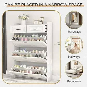 HANLIVES Shoe Cabinet for Entryway, White Narrow Shoe Storage Organizer with 3 Doors 2 Drawers,Flip Down Shoe Rack Wood 4 Tier Shoe Storage Cabinet for Hallway, Living Room,Home and Apartment