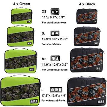 8 Set Packing Cubes - Travel Luggage Bags Organizers in Stylish Green and Black