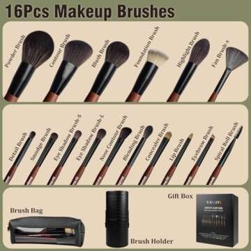Makeup Brushes 16 Pcs Makeup Brush Set Professional, Wood Handle Travel Make Up Brushes Set with Cas...