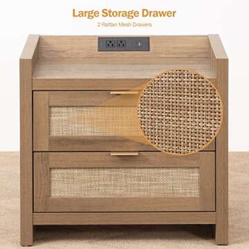 SICOTAS Night Stand Set of 2 - Rattan Nightstands with Type-C Charging Station, 2 Rattan Drawers - Boho Wood Bed Side End Table for Small Space - Natural Oak