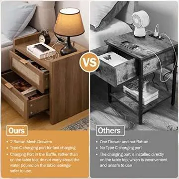 SICOTAS Night Stand Set of 2 - Rattan Nightstands with Type-C Charging Station, 2 Rattan Drawers - Boho Wood Bed Side End Table for Small Space - Natural Oak