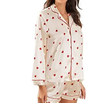 Valentine's Day Pajamas Shorts Set for Women Sweet Heart Pjs Long Sleeve Button Down Shirt+Pants 2 Piece Valentine Jammies Loungewear(Heart A,Large