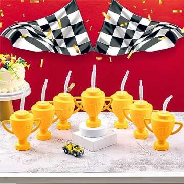 Amyhill 24 Pcs Race Car Trophy Cups With Straws and Lids 12 Oz Plastic Race Car Birthday Party Supplies And Favors For Kids Adults Props Rewards Winning Prizes Competitions (Gold)