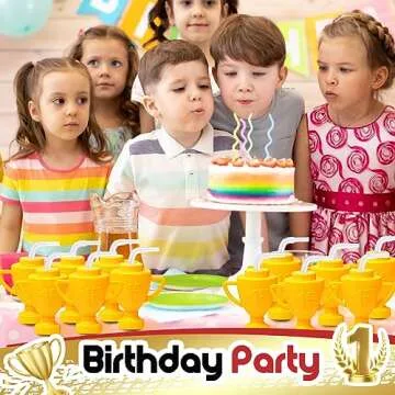 Amyhill 24 Pcs Race Car Trophy Cups With Straws and Lids 12 Oz Plastic Race Car Birthday Party Supplies And Favors For Kids Adults Props Rewards Winning Prizes Competitions (Gold)
