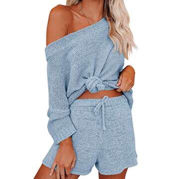 Ermonn Womens 2 Piece Outfits Sweater Sets Knit Tops Waist Short Suits Casual Pajama Set Rompers Jum...