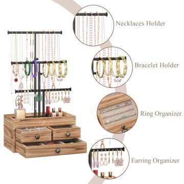 X-cosrack Jewelry Tree Stand Organizer 3 Tier Metal Jewelry Holder Stand with Wood Basic Storage Box...