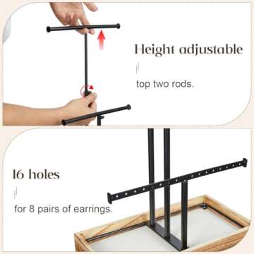 X-cosrack Jewelry Tree Stand Organizer 3 Tier Metal Jewelry Holder Stand with Wood Basic Storage Box, Adjustable Height Holder Display for Necklaces Earrings Bracelets and Rings, Carbonized Black