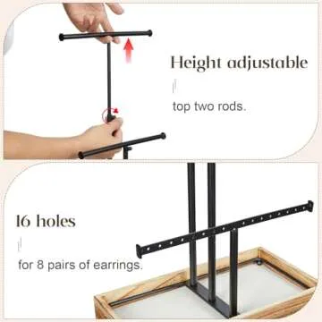 X-cosrack Jewelry Tree Stand Organizer 3 Tier Metal Jewelry Holder Stand with Wood Basic Storage Box, Adjustable Height Holder Display for Necklaces Earrings Bracelets and Rings, Carbonized Black