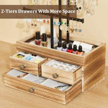 X-cosrack Jewelry Tree Stand Organizer 3 Tier Metal Jewelry Holder Stand with Wood Basic Storage Box, Adjustable Height Holder Display for Necklaces Earrings Bracelets and Rings, Carbonized Black