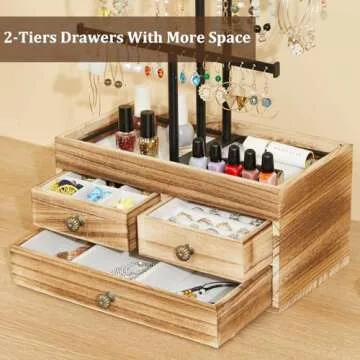 X-cosrack Jewelry Tree Stand Organizer 3 Tier Metal Jewelry Holder Stand with Wood Basic Storage Box, Adjustable Height Holder Display for Necklaces Earrings Bracelets and Rings, Carbonized Black