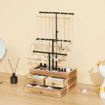 X-cosrack Jewelry Tree Stand Organizer 3 Tier Metal Jewelry Holder Stand with Wood Basic Storage Box, Adjustable Height Holder Display for Necklaces Earrings Bracelets and Rings, Carbonized Black