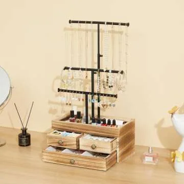 X-cosrack Jewelry Tree Stand Organizer 3 Tier Metal Jewelry Holder Stand with Wood Basic Storage Box, Adjustable Height Holder Display for Necklaces Earrings Bracelets and Rings, Carbonized Black