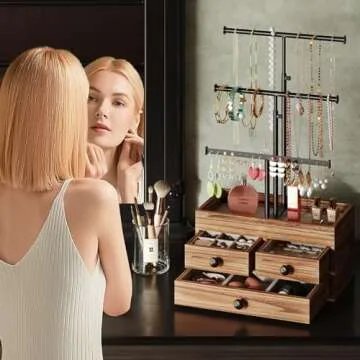 X-cosrack Jewelry Tree Stand Organizer 3 Tier Metal Jewelry Holder Stand with Wood Basic Storage Box, Adjustable Height Holder Display for Necklaces Earrings Bracelets and Rings, Carbonized Black