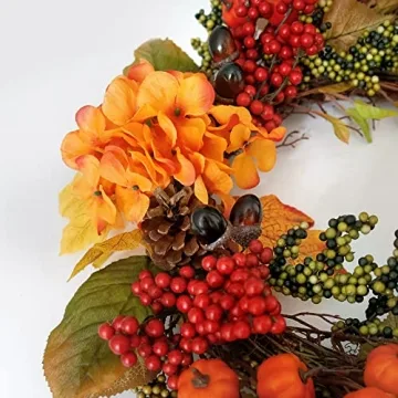 Fall Decor - Fall Wreaths for Front Door - 20 Inch Mini Pumpkins Berries Wreath - Decorations for Autumn Thanksgiving Harvest Farmhouse Home Outdoor Indoor Window Wall