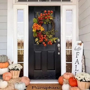 Fall Decor - Fall Wreaths for Front Door - 20 Inch Mini Pumpkins Berries Wreath - Decorations for Autumn Thanksgiving Harvest Farmhouse Home Outdoor Indoor Window Wall