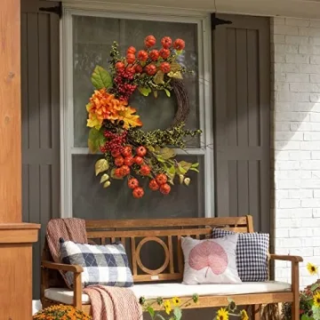Fall Decor - Fall Wreaths for Front Door - 20 Inch Mini Pumpkins Berries Wreath - Decorations for Autumn Thanksgiving Harvest Farmhouse Home Outdoor Indoor Window Wall